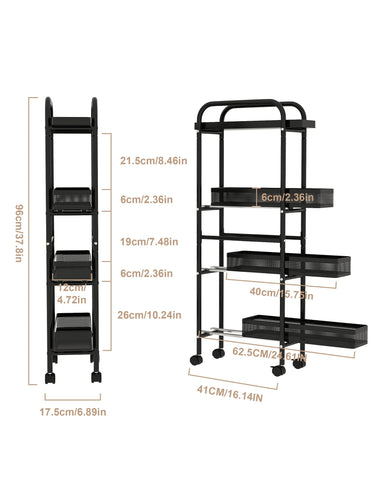 UMDONX Metal Slim Storage Trolley with Pull out Drawer Basket 4 Tier