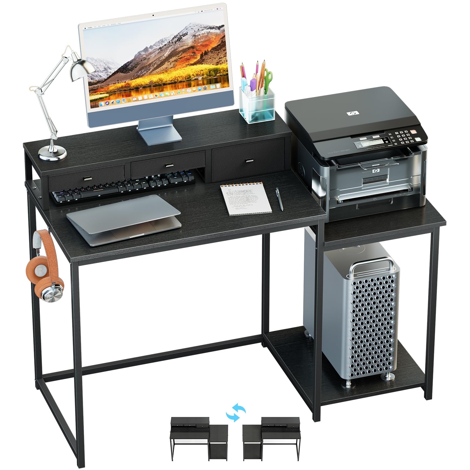 WOHOMO 120cm Computer Desk with 3 Drawers, Printer Shelf and Monitor Stand