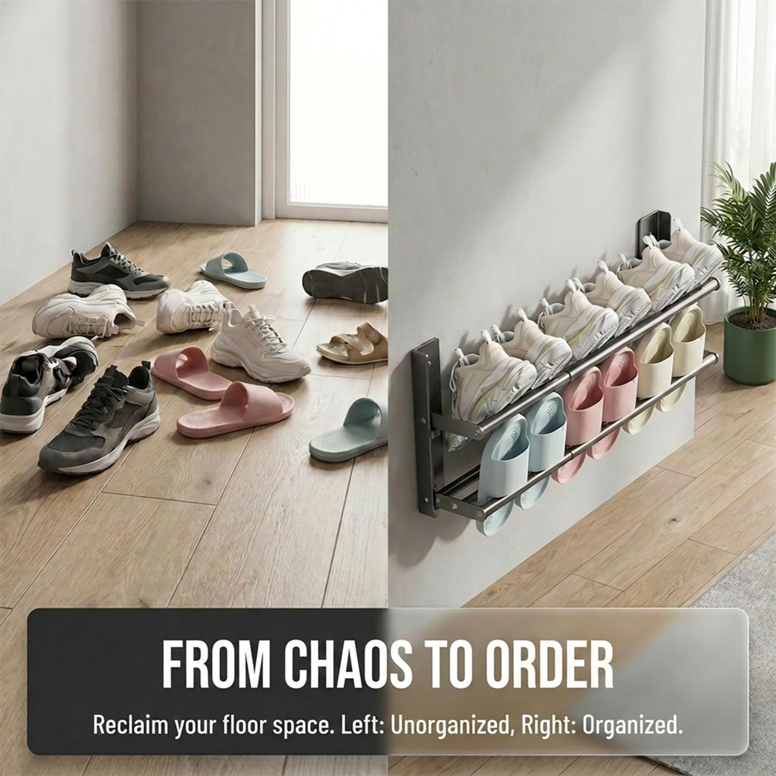 Wall-mounted Shoe Rack - 37-67cm Black Extendable 2 Tier shoe rack, Metal Wall Narrow Shoe Rack, Space-saving shoe storage