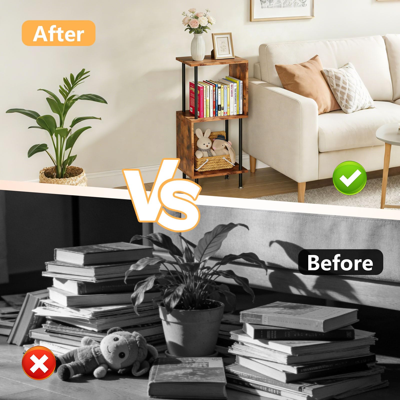 Caossuixin 3-Tier Wooden Side Table,S-Shaped Sofa Side Table,36 * 24 * 72cm