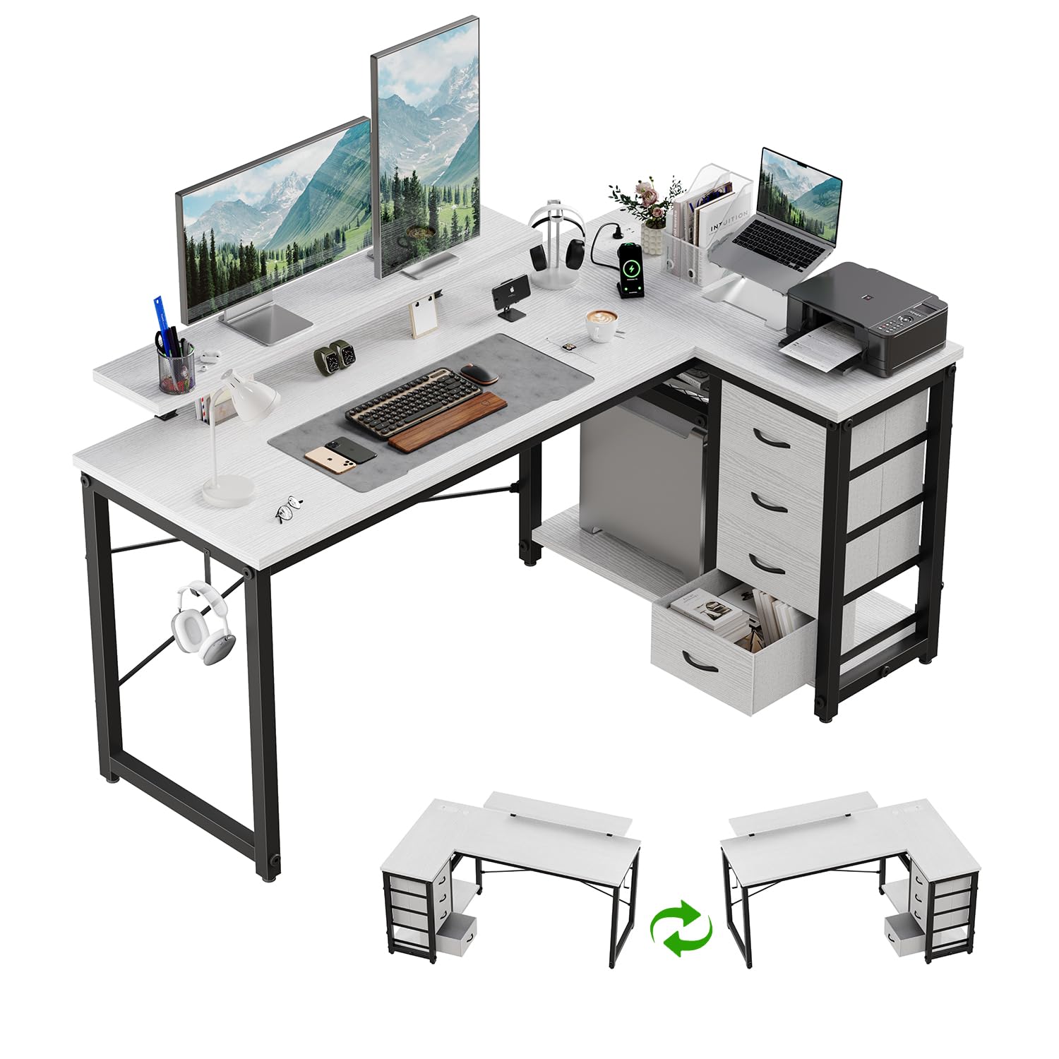 JUMMICO L Shaped Desk with 4 Drawers,140x80cm Computer Corner Desks with Power Outlets & USB Charging Port