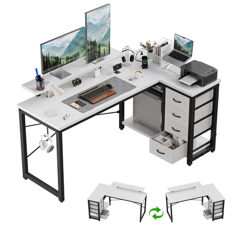 JUMMICO L Shaped Desk with 4 Drawers,140x80cm Computer Corner Desks with Power Outlets & USB Charging Port