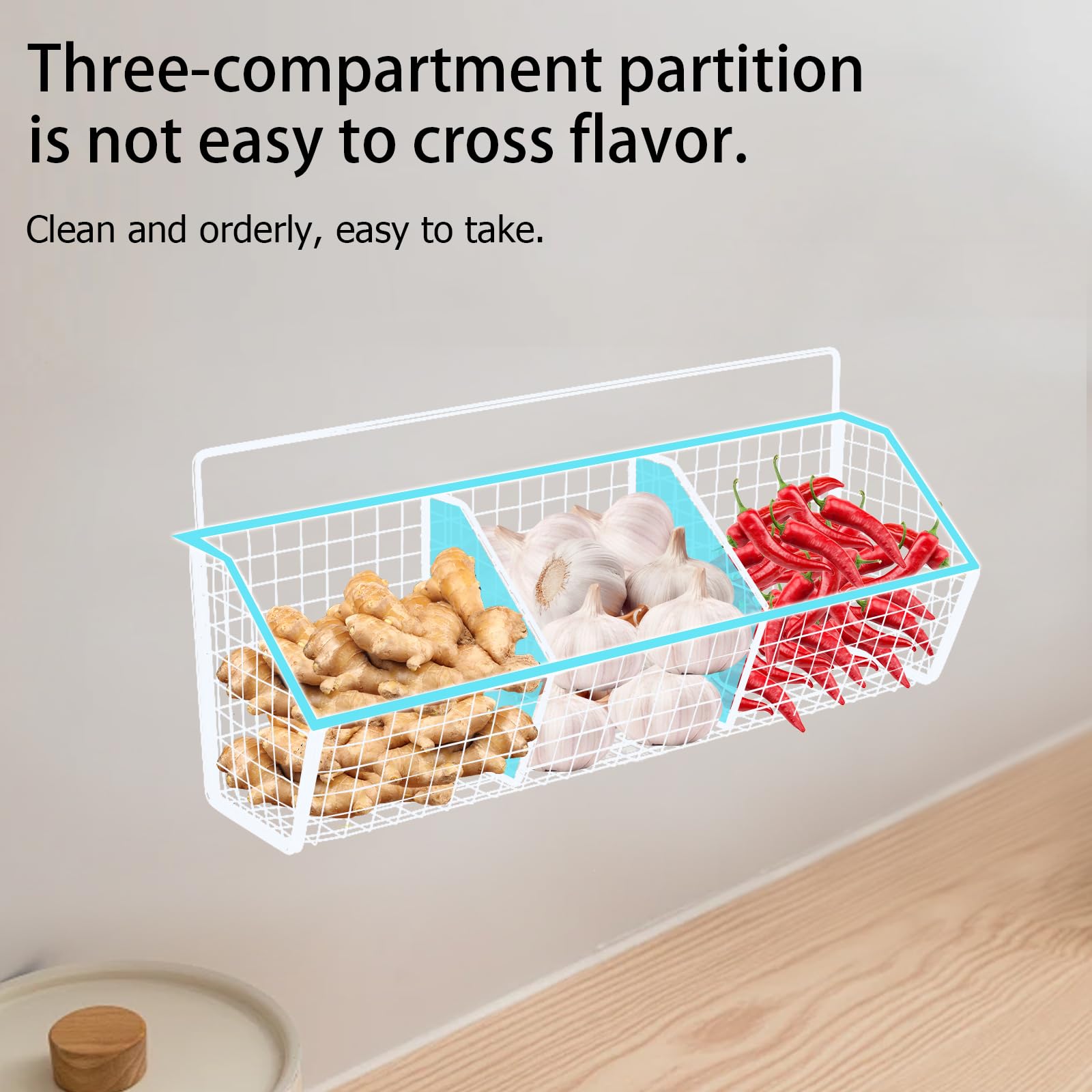 Gzsekken Wall-Mounted Hanging Kitchen Storage Baskets,Metal Storage Baskets with 3 Sections Wire Shelf No Drilling Adhesive Storage Basket Organiser