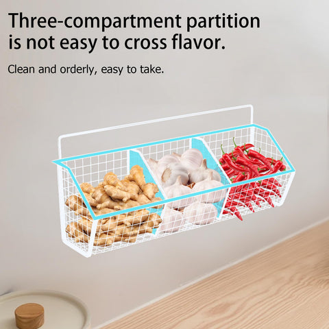 Gzsekken Wall-Mounted Hanging Kitchen Storage Baskets,Metal Storage Baskets with 3 Sections Wire Shelf No Drilling Adhesive Storage Basket Organiser