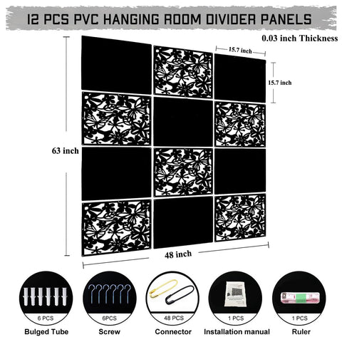 LRZCGB Hanging Room Divider,12pcs PVC Hanging Screen Panel for Decorating Living,Dining,Study and Sitting-room,Hotel and Bar(Black+Solid Board)