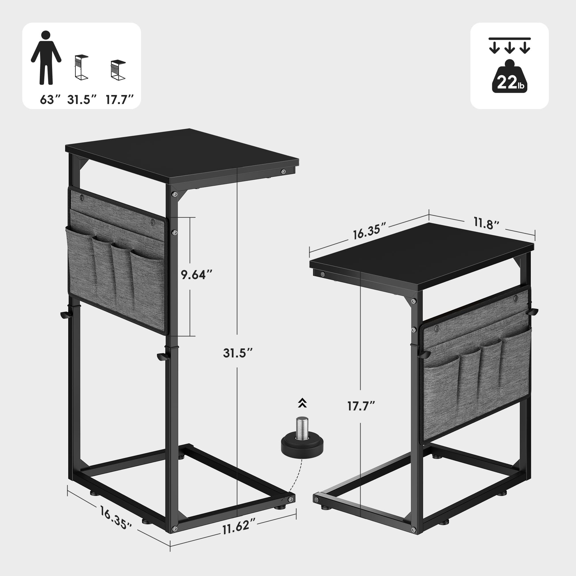 Vagusicc C-Shaped Side Table, Height Adjustable Sofa Side Table, Bedside Table with Cloth Storage Bag, C Table, End Table for Small Spaces
