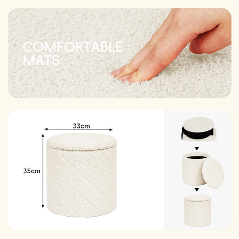 PINPLUS Round Ottoman Storage Box, Folding Stool, White, 33x33x35 cm