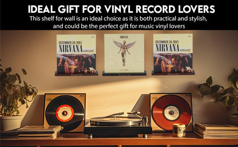 Decibelvibe Vinyl Record Shelf in Wood, Now Playing Stand, Wall Mount, to Showcase your Favorite Vinyls Record, Single and Double Vinyl Display.