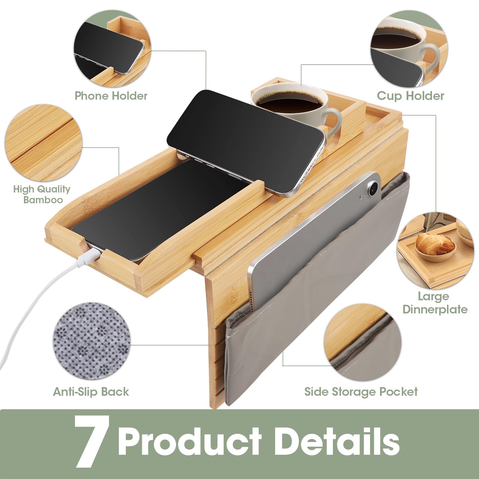 Bamboo Sofa Arm Tray, Foldable Couch Tray Wooden Armrest T-ray, Non-Slip Armrest Organizer, Sofa Side Table with Detachable T-ray