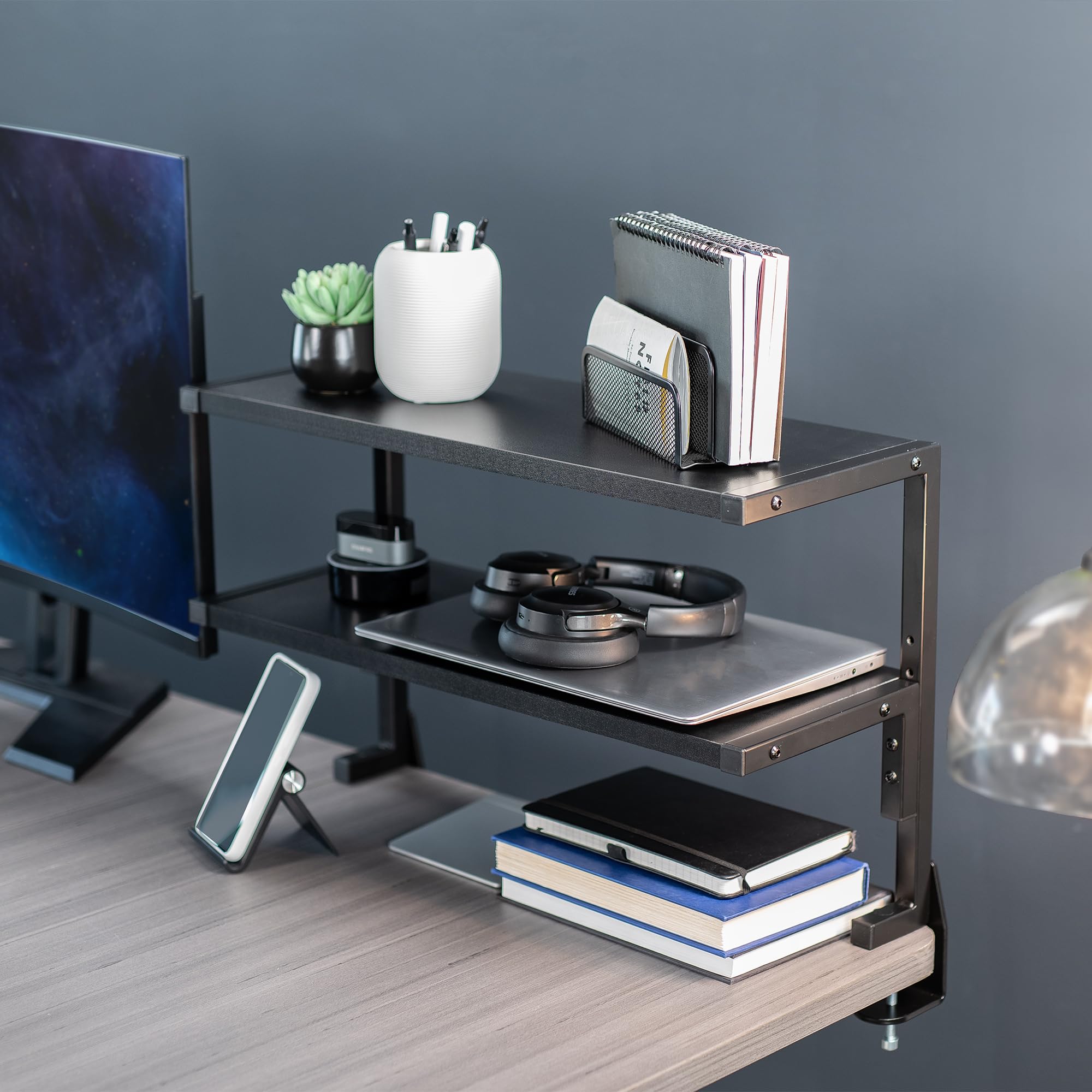 VIVO Clamp-on 61cm Above or Below Desk 2-Tier Shelving Unit for Table Accessories, Gaming Devices, and More, Storage Tray, Desktop Organizer, Black
