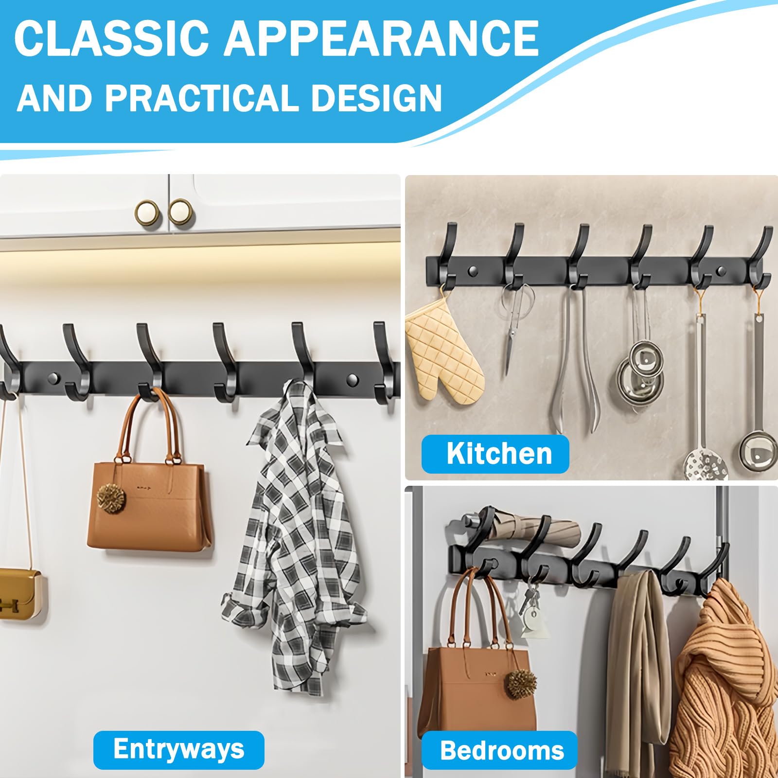 Gerhannery Coat Racks for Wall, Coat Hangers Wall Mounted with 6 Hooks, Heavy Duty Wall Mounted Clothes Hat Hooks