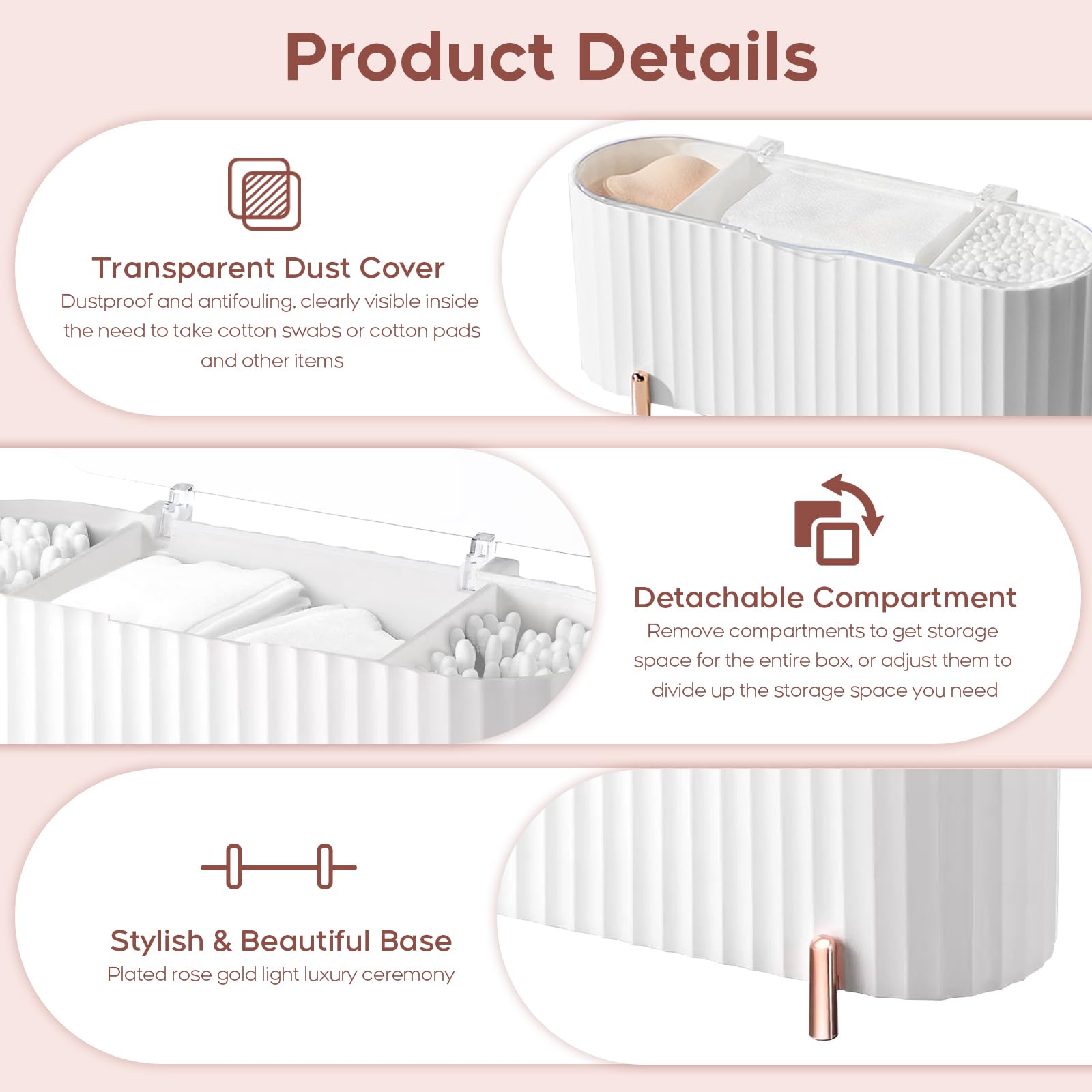 PCKOBEVER Makeup Pads Container, Cotton Swab Holder, Pad Dispenser With 3 Compartments, Storage With Lid, Makeup Organiser