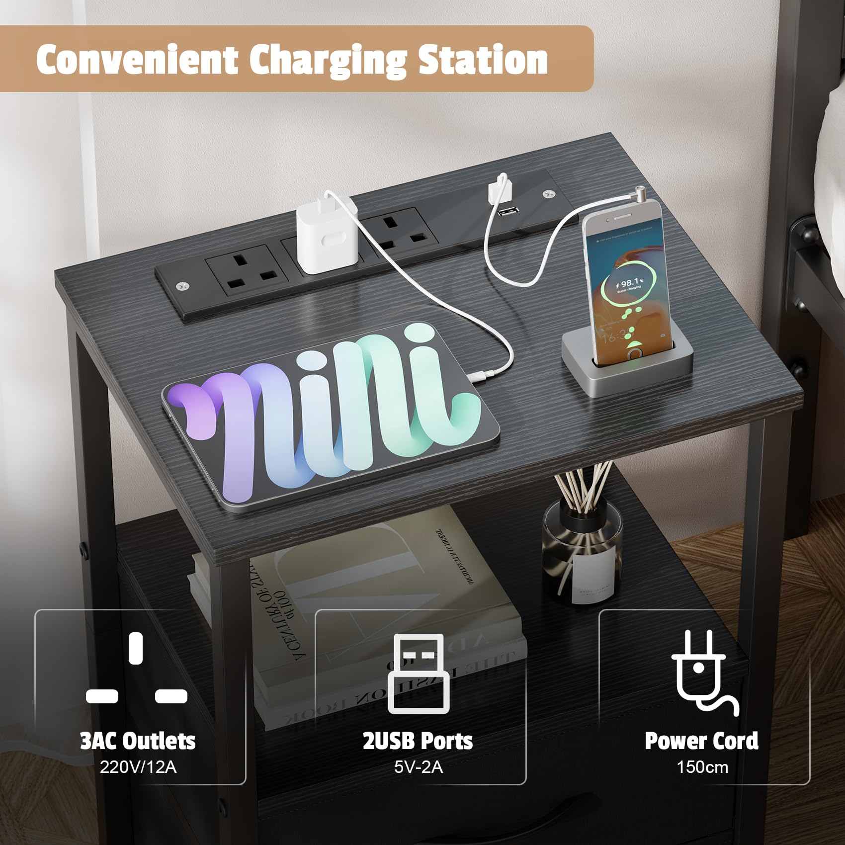 Yornoli Set of 2 Bedside Table with Charging Station 40cm Wide Bed Side Table for Bedroom with Fabric Drawers Small End Tables with Led Lights for