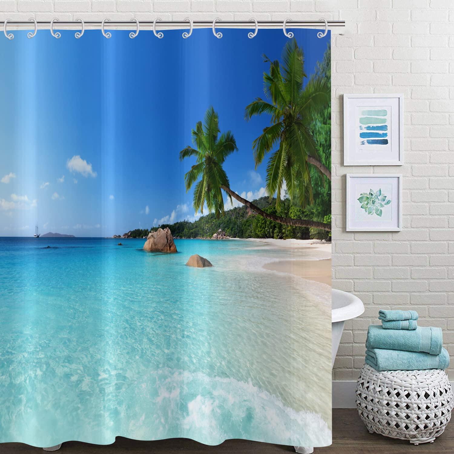 Hnmdmyi Ocean Beach Shower Curtain 165x180, Tropical Palm Trees Seaside Island Blue Sky Hawaiian Landscape Bathroom Curtains with Hooks Waterproof