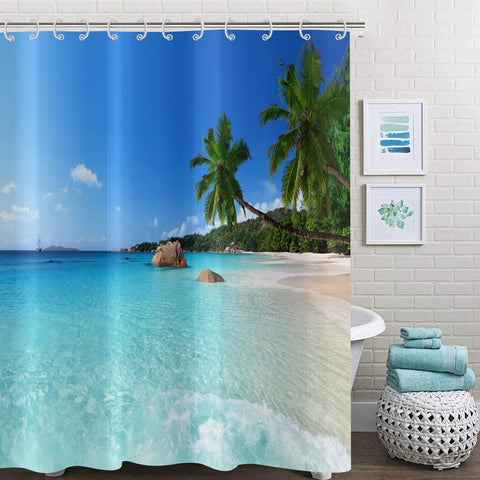 Hnmdmyi Ocean Beach Shower Curtain 165x180, Tropical Palm Trees Seaside Island Blue Sky Hawaiian Landscape Bathroom Curtains with Hooks Waterproof