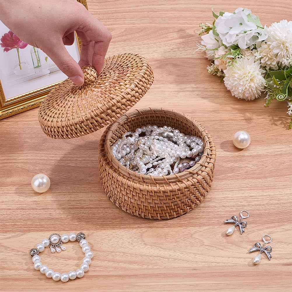 WADORN Round Rattan Storage Box with Lid, Handmade Woven Storage Basket Natural Multi-Purpose Wicker Rattan Basket Small Decorative Baskets Box for