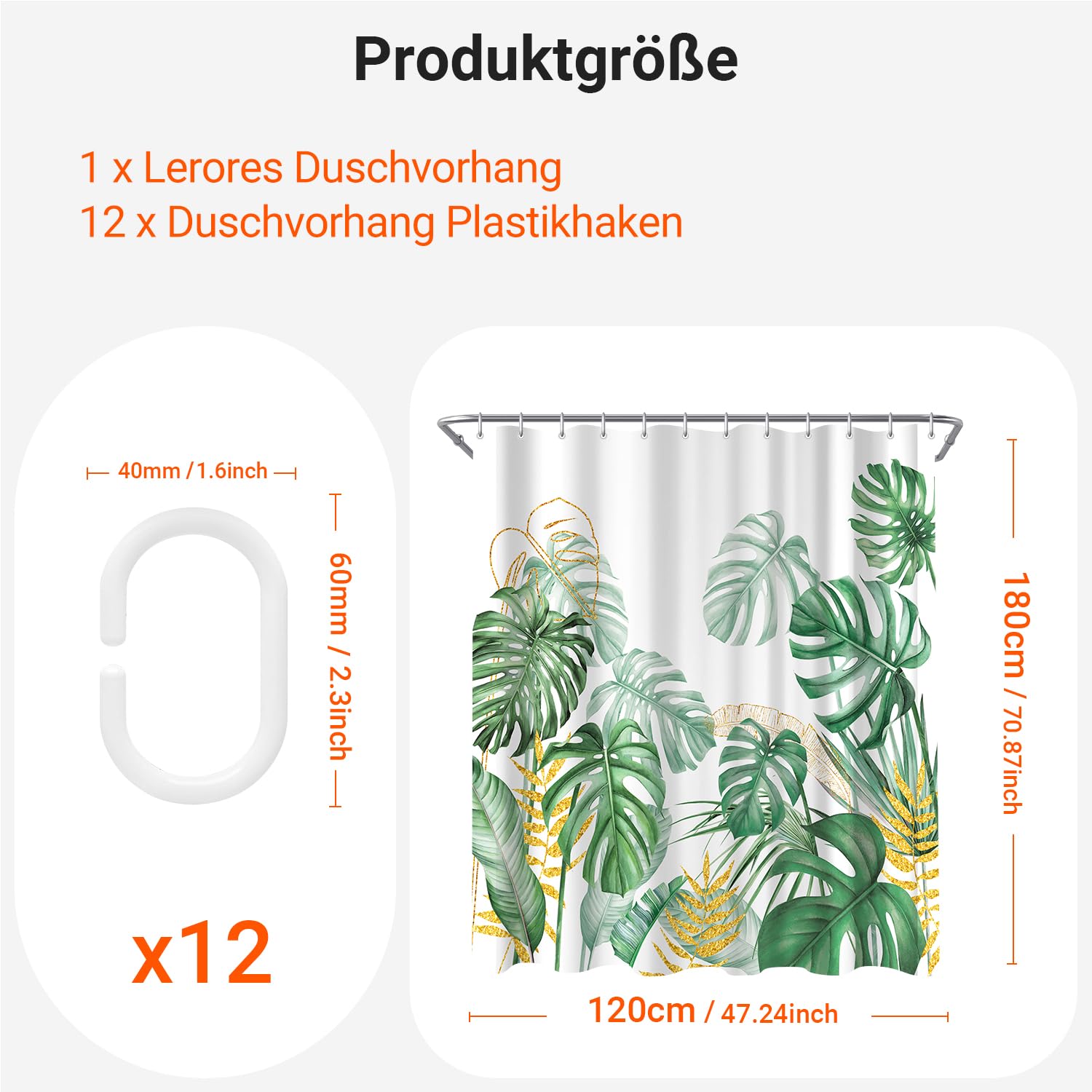 Shower Curtain, 120 x 180 cm, Golden Edged Bamboo Leaves Motif, Weighted Hem, Anti-Mould, Water-Repellent