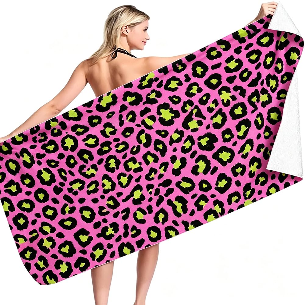 JynxtoyZeal Pink Leopard Print Microfibre Beach Towel,Quick Dry Towel,Absorbent Lightweight Sand Free Towel for Travel, Swimming, Camping