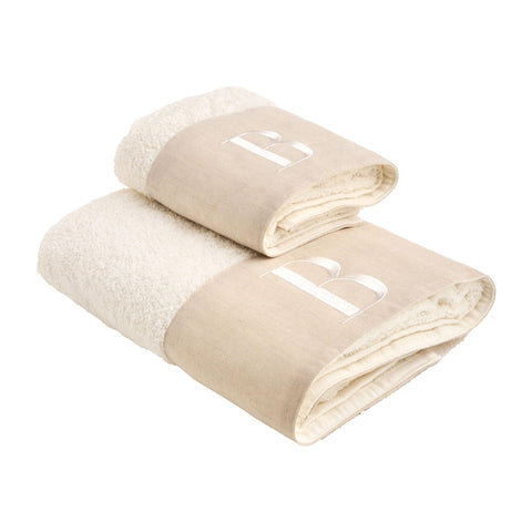 NELLA BIAGINI Century Bath Towel and Bidet Set with Embroidered Initials, Pair of Bath Towels, Cotton and Linen Towel, 420 g/m²
