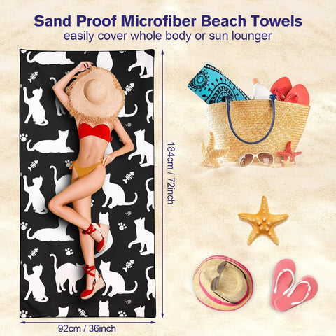 Violetpos Black White Cat Silhouette Beach Towel, Extra Large 180x90 cm 250GSM Microfibre, Sand Free Quick Dry