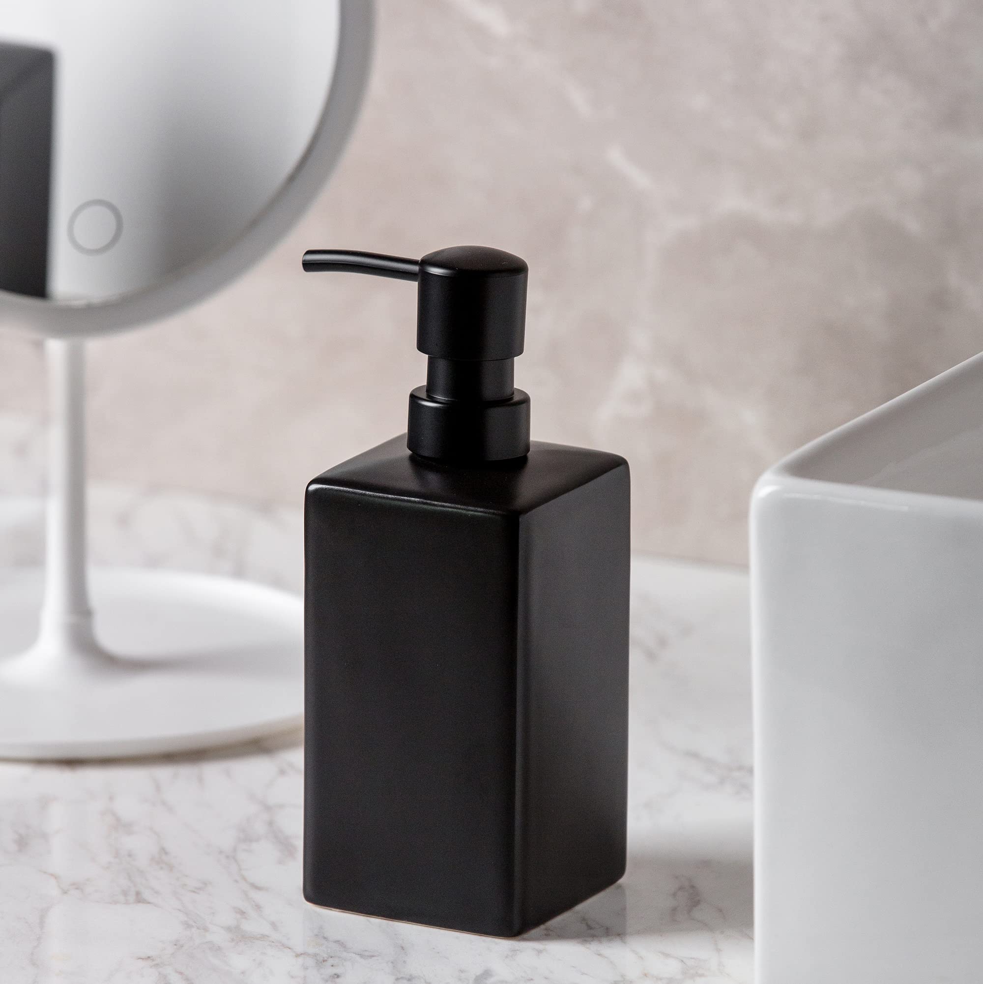 Matte Black Soap Dispenser Ceramic,Square Hand Soap and Lotion Dispenser for Bathroom Countertop,Dish Soap Dispenser for Kitchen-14oz.…