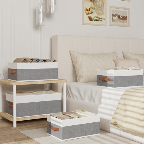 YheenLf Collapsible Storage Boxes,White/Grey Baskets,41×25×16.5cm,4Pack
