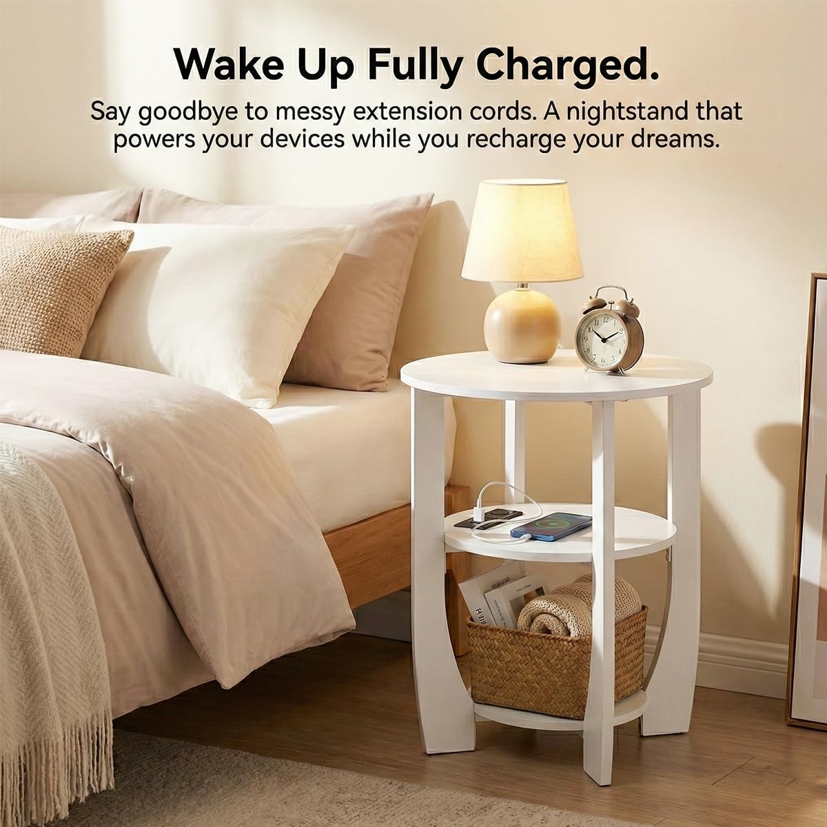 ZEXVIDA 3 Tier Round Side Table with Charging Station, Farmhouse Wood End Tables with Storage