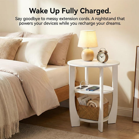 ZEXVIDA 3 Tier Round Side Table with Charging Station, Farmhouse Wood End Tables with Storage