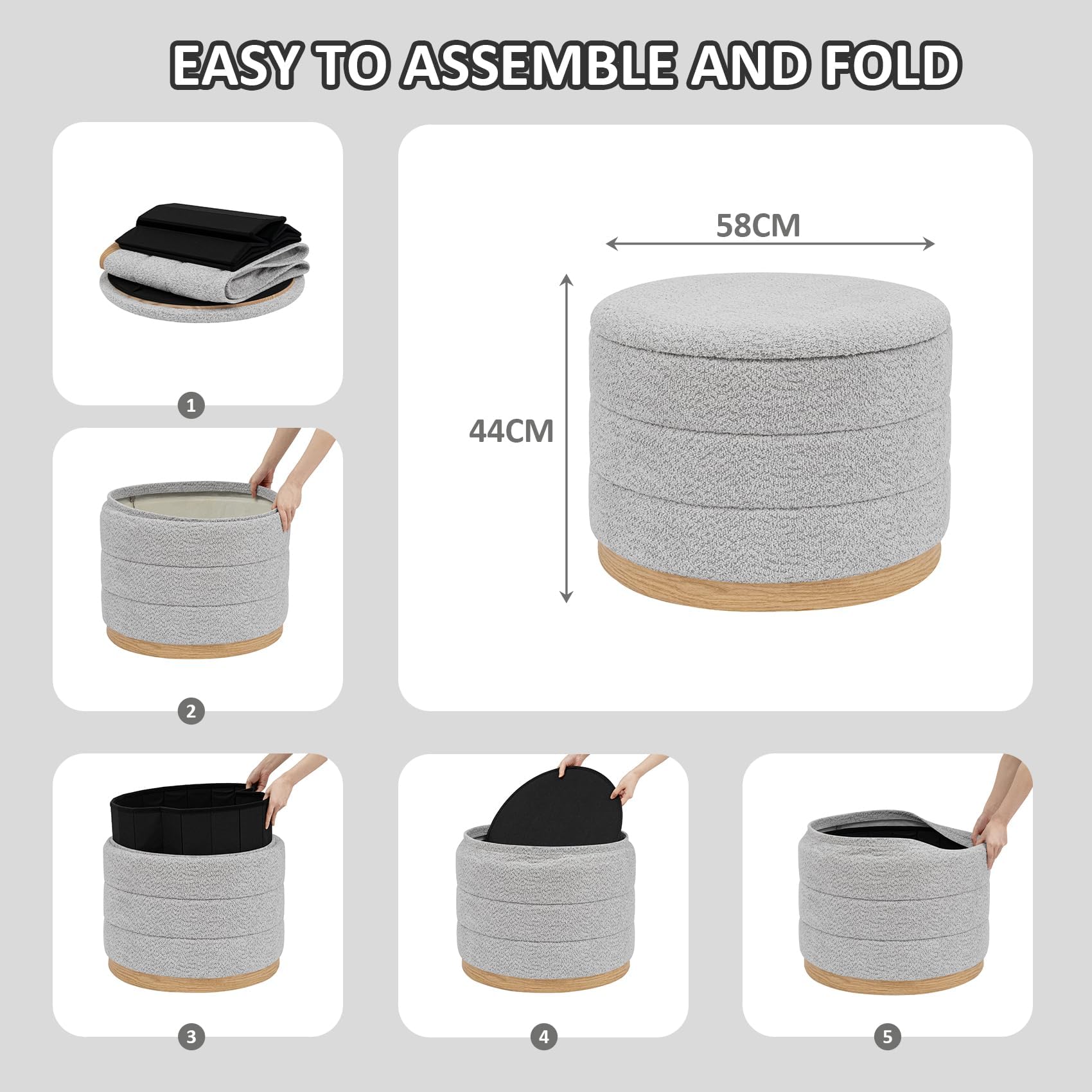 PINPLUS Round Chenille Storage Ottoman, Tray Top, 58x58x44 cm, Silver Grey