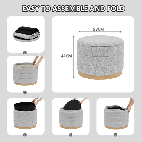 PINPLUS Round Chenille Storage Ottoman, Tray Top, 58x58x44 cm, Silver Grey