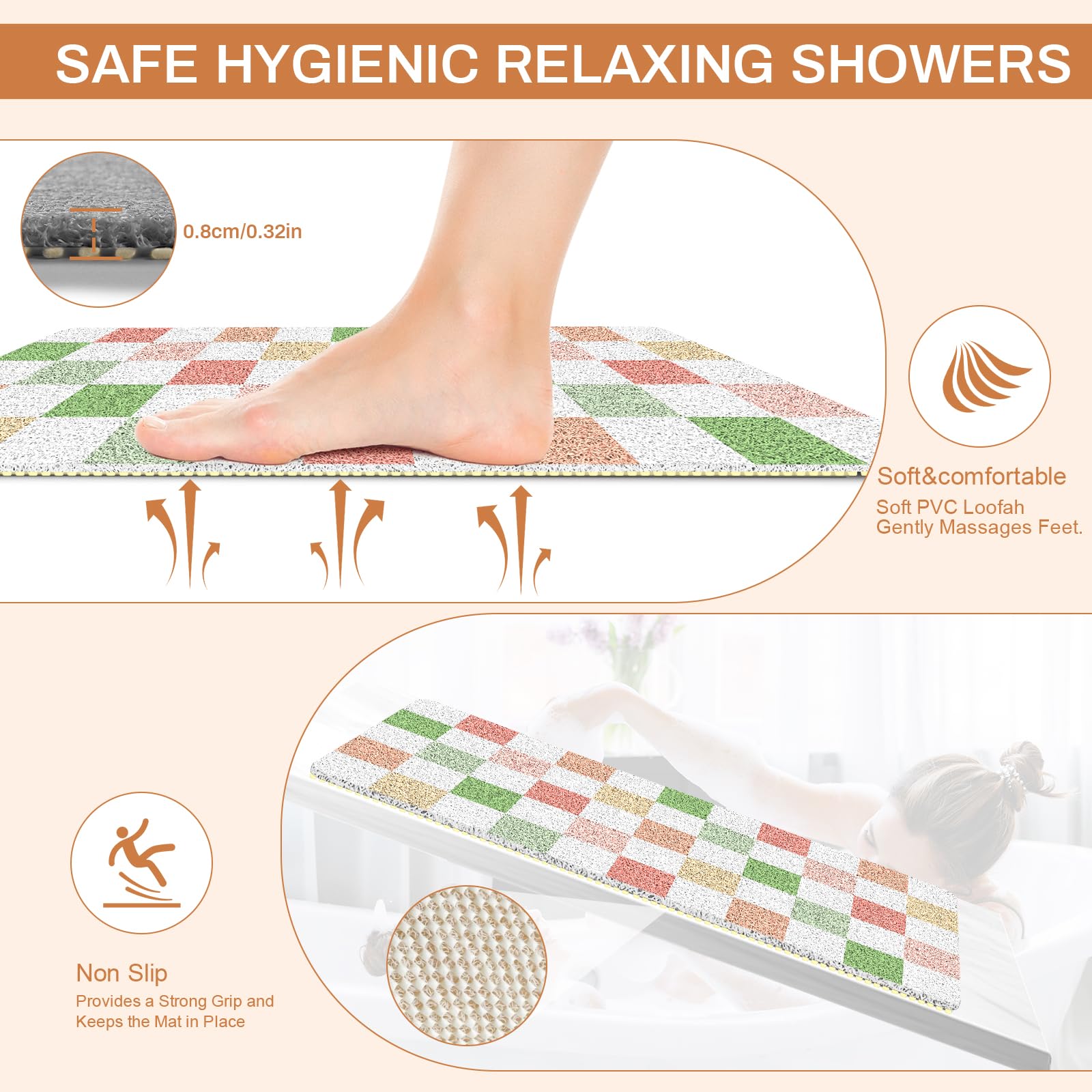BLESWIN Large Shower Mat Non Slip 50x80CM, Checkered Shower Quick Dry Mats with Drain Hole, Antibacterial PVC Bath Mat for Inside Shower