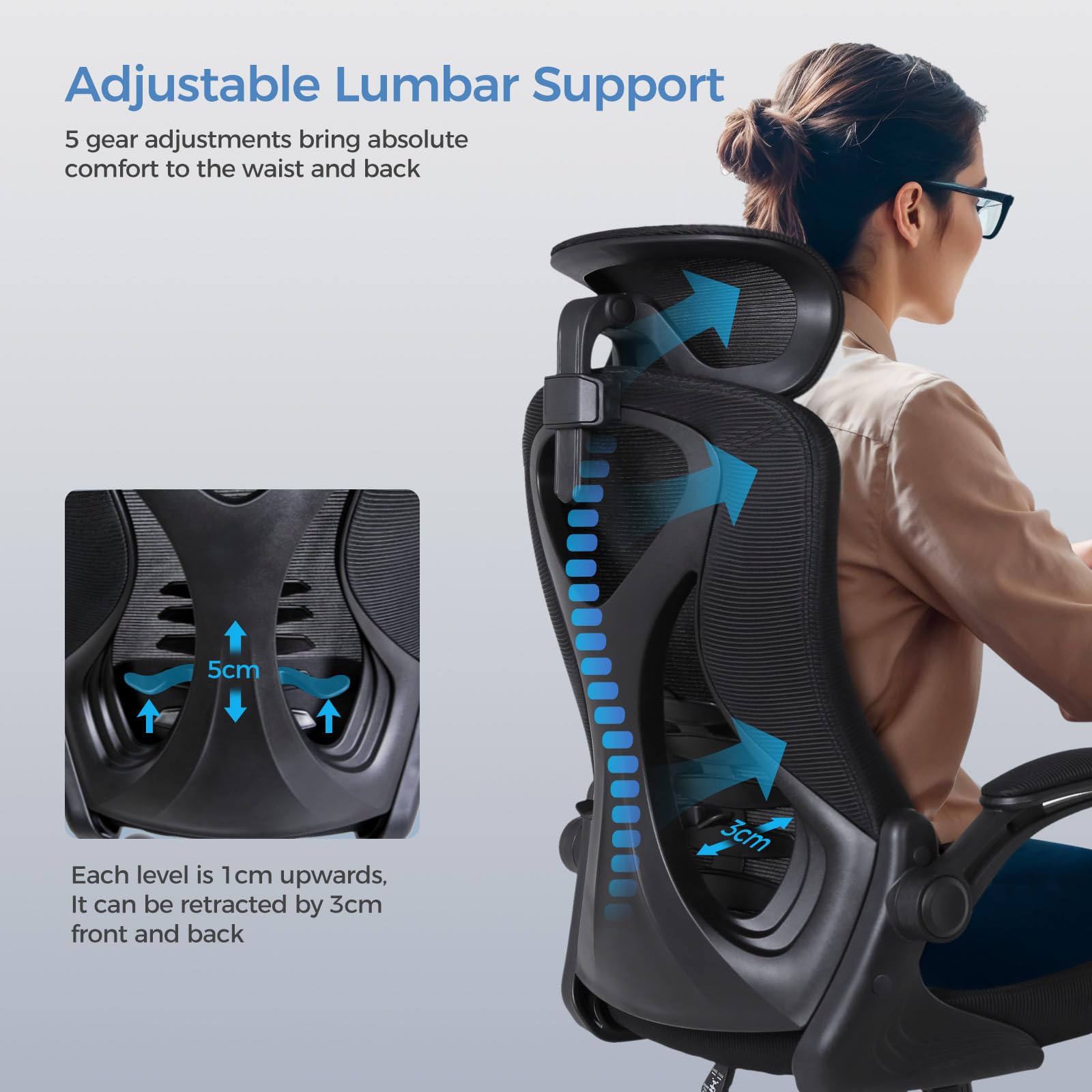 OWAY HOMELIVING Ergonomic Office Chair with Adjustable Lumbar Support & High-Back Mesh Desk Chair 150kg Capacity & 125° Recline & Flip-Up Armrests