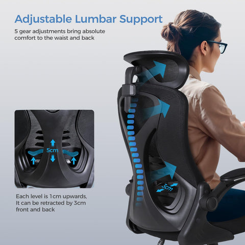 OWAY HOMELIVING Ergonomic Office Chair with Adjustable Lumbar Support & High-Back Mesh Desk Chair 150kg Capacity & 125° Recline & Flip-Up Armrests