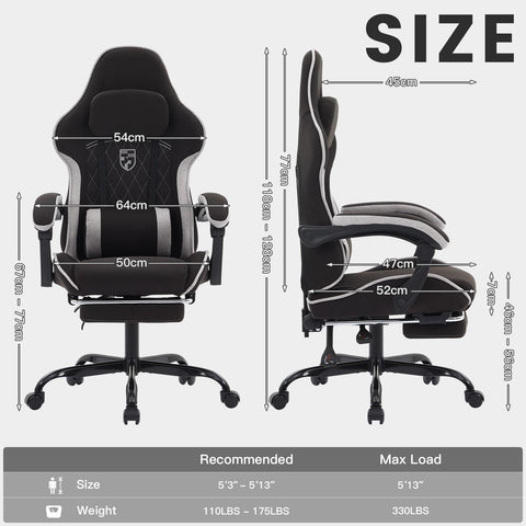 NIONIK Gaming Chair with Footrest and Massage Lumbar Cushion, Ergonomic Computer Chair with 135° Recline, Breathable Fabric, Headrest and 360° Swivel