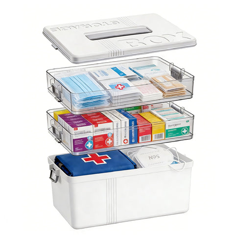 TranRantic 3-Layer Medicine Storage Box, 33.5×22×26.5cm Large Medicine Box with Leather Handle, Multifunctional Medication Storage Box