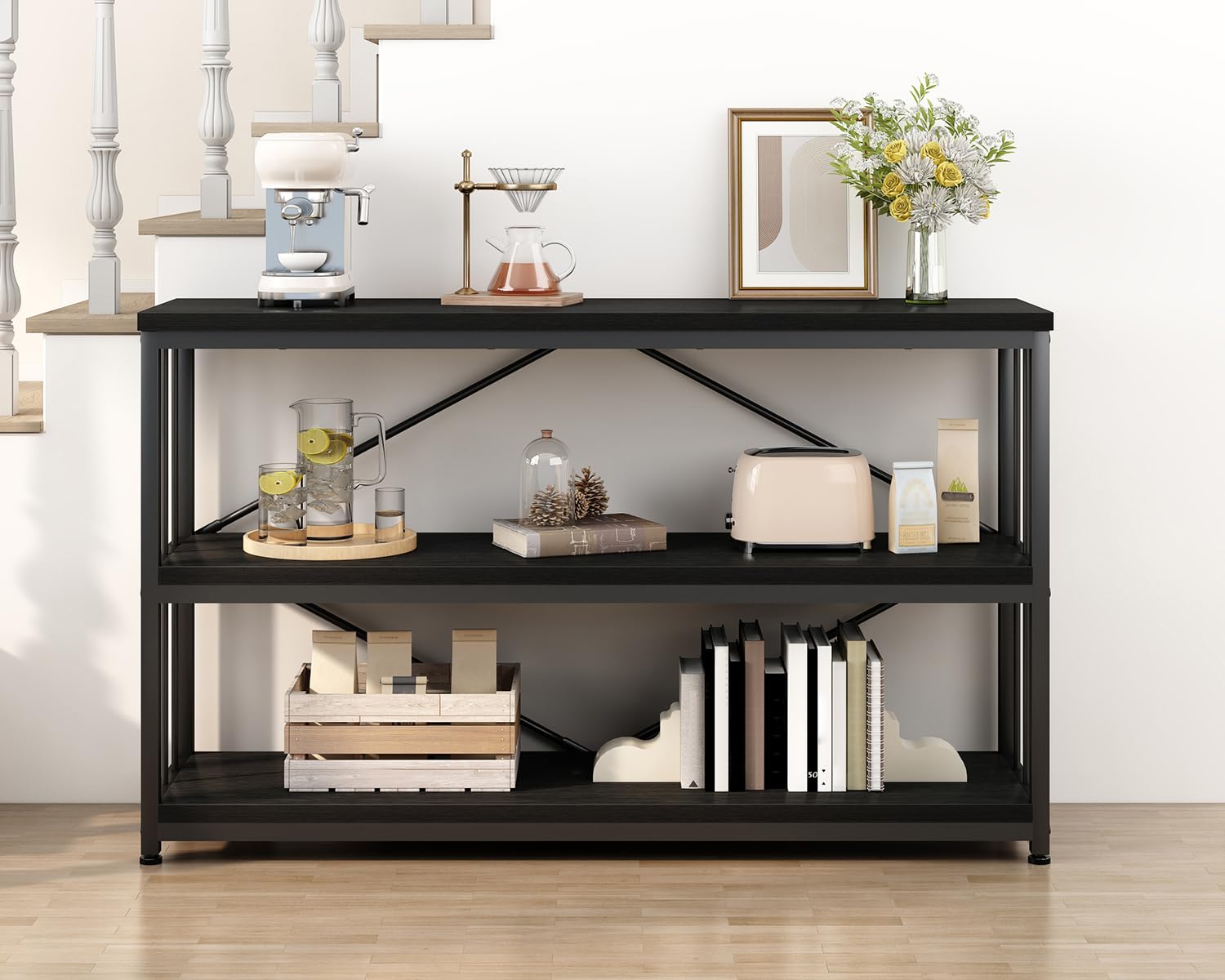 IBF Low Horizontal Book Shelf, Industrial Modern 3 Tier Bookshelf, Farmhouse Short Open Storage Organizer Long Shelf