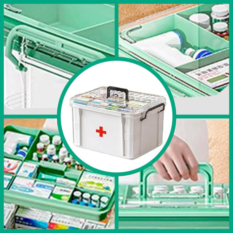 White-L Double Layer Medicine Organiser - Portable First Aid Box with Multi Grid Storage for Home & School