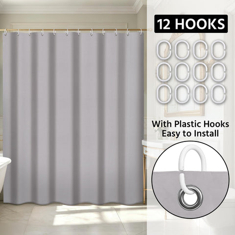 FAVORTALK Shower Curtain Mould Proof Mildew Resistant, 180x180cm Grey Bathroom Curtain Set With 12 Hooks, Weighted Hem