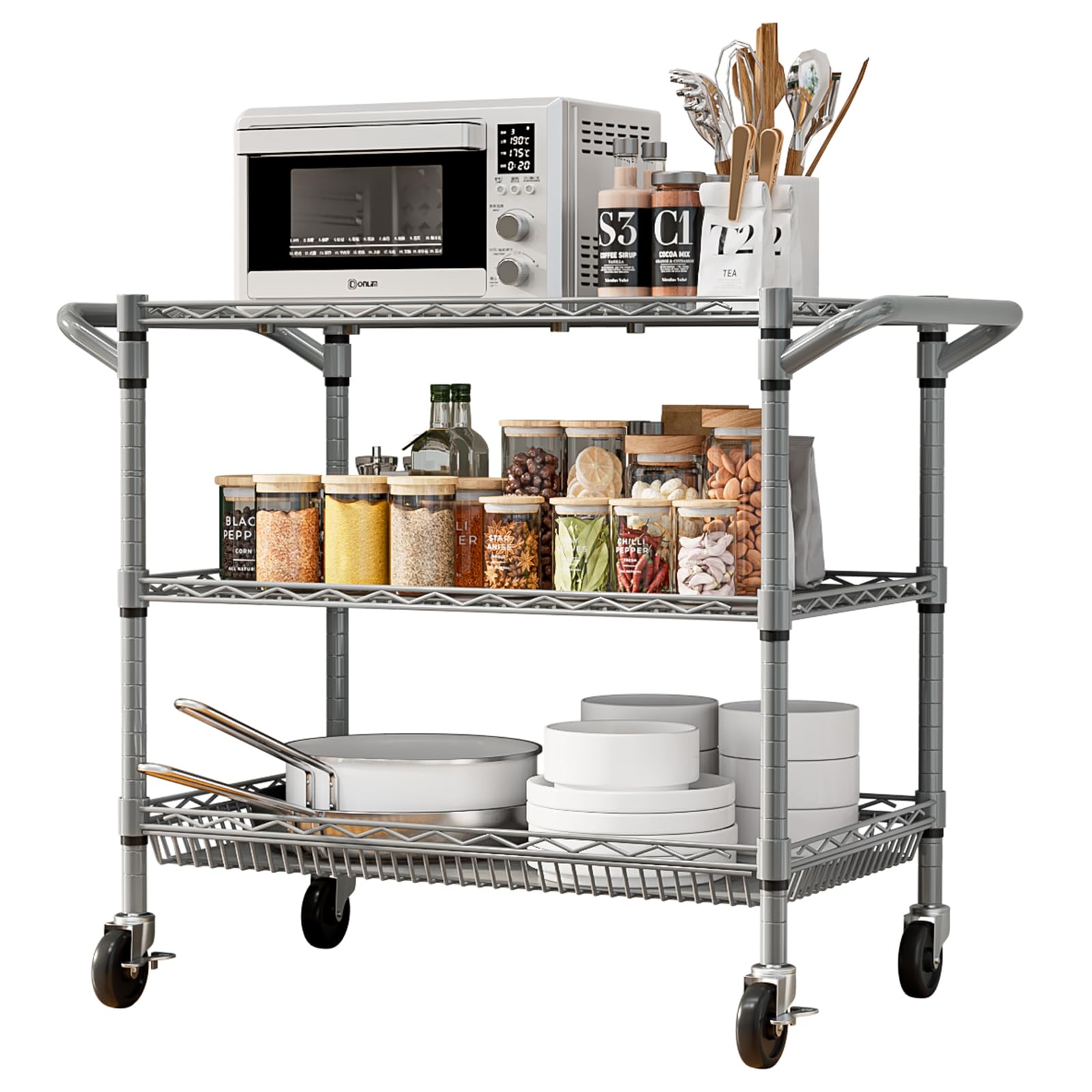 Forthcan 3-Tier Heavy Duty Shelving Unit, Storage Trolley on wheels, Silver