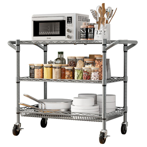 Forthcan 3-Tier Heavy Duty Shelving Unit, Storage Trolley on wheels, Silver