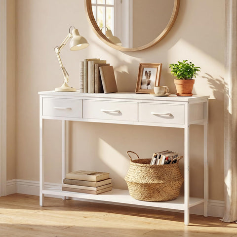MAHANCRIS Console Table with 3 Fabric Drawers, Narrow Console Table with Open Shelf, 97 cm L Slim Entryway Table, Couch Table, for Hallway
