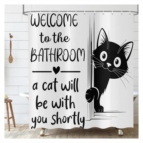 ASDCXZ Funny Cat Shower Curtain 120x200 cm, Cute Cartoon Black Kitten Hide and Seek Kids Bathroom Waterproof Bath Curtain Polyester Textile Washable