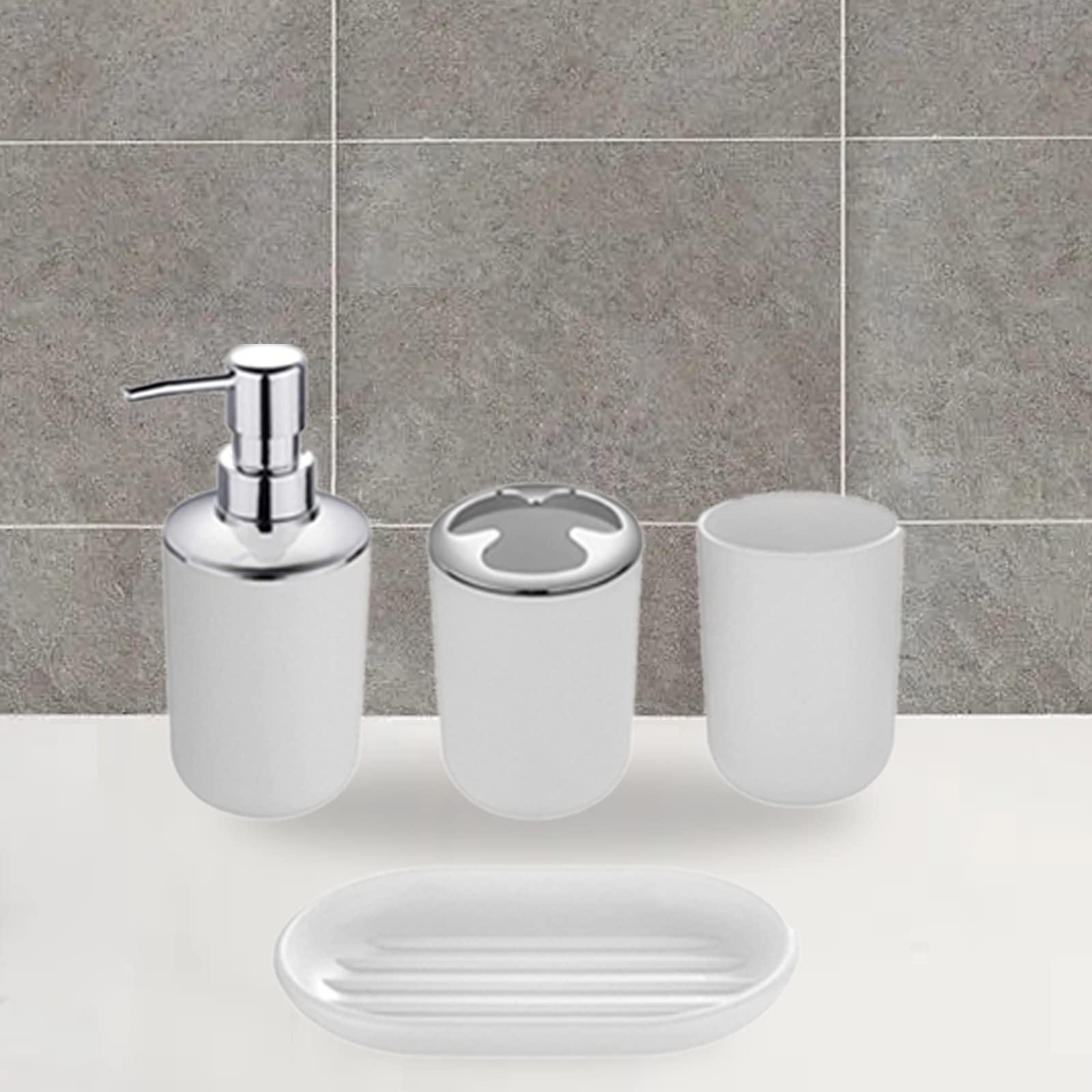 Hosoncovy 4 Pieces Bathroom Accessory Set with Soap Dispenser, Bathroom Cup, Soap Dish ，Toothbrush and Toothpaste Holder (White)