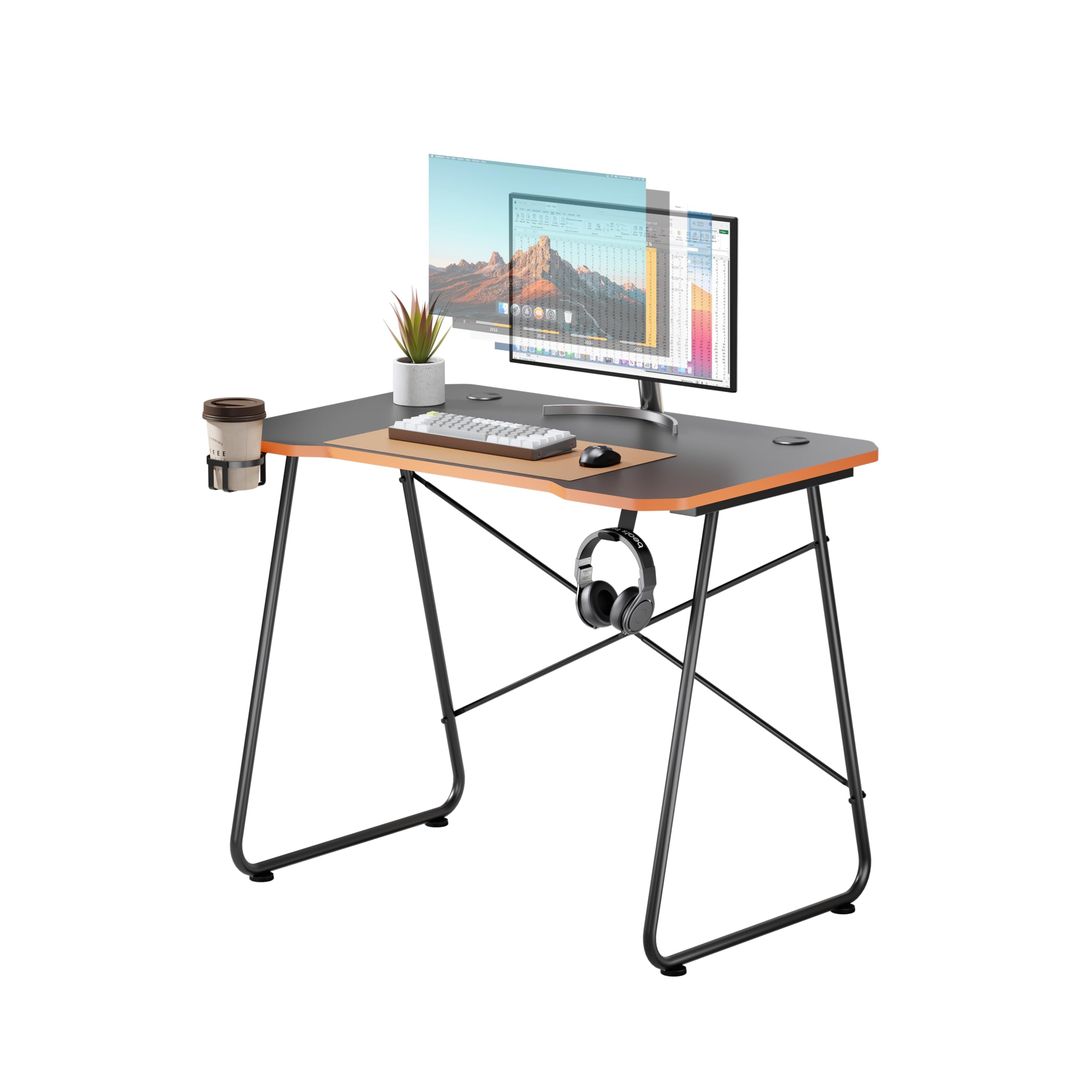 Properav Computer Study Desk Black for Home Office PC Monitor Laptop Gaming with Headphone Hook & Cup Holder