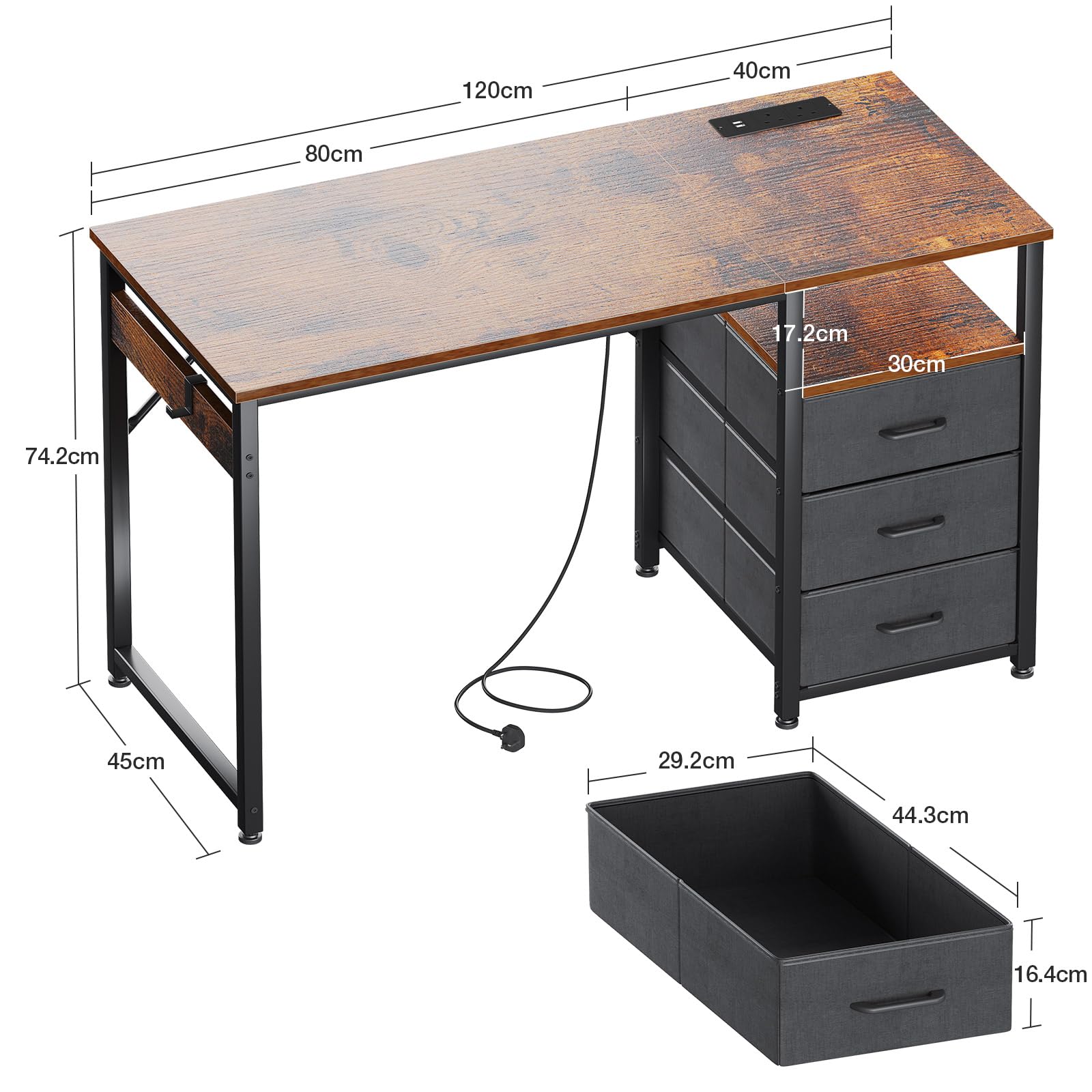 ODK Computer Desk with Drawers, 120cm Office Desk with Sockets, Brown