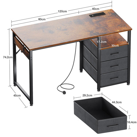 ODK Computer Desk with Drawers, 120cm Office Desk with Sockets, Brown