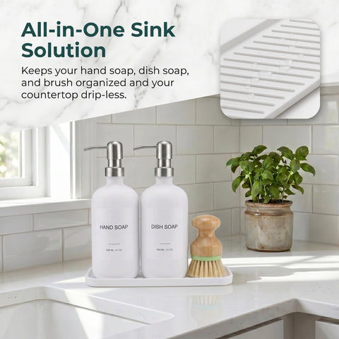 Hand & Dish Soap Dispenser with Dish Brush, Washing Up Liquid Dispenser Set 600ml, PET Plastic Bottle with Stainless Steel Pump