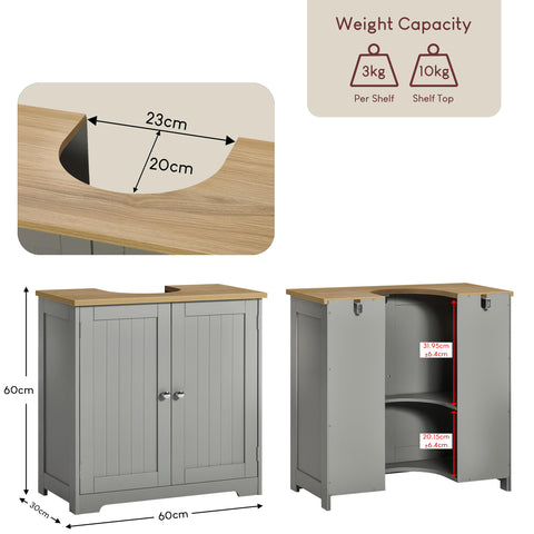 Bath Vida Priano 2 Door Under Sink Cabinet | Grey & Oak | 60 H x 60 W x 30 D cm | Adjustable Shelf Space | Freestanding Storage Basin Unit | Compact