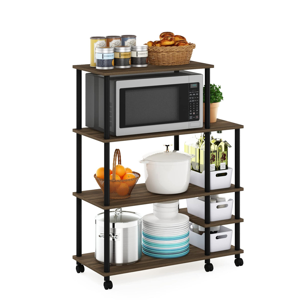 Furinno TURN-N-TUBE Bakers Rack with Wheels, 4-Tier Kitchen Storage Cart, Kitchen Cart, Coffee Bar, Pantry Organizers and Storage, Columbia Walnut
