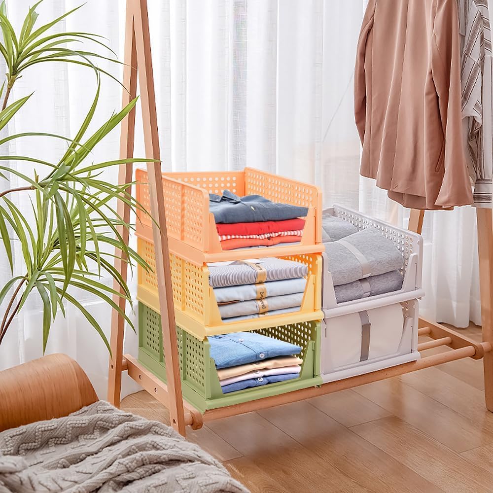 Set of 4 Stackable Foldable Wardrobe Storage Box Organizer (Easy Open and Folding), Plastic Cabinet Basket Shelves Closet Organiser Box